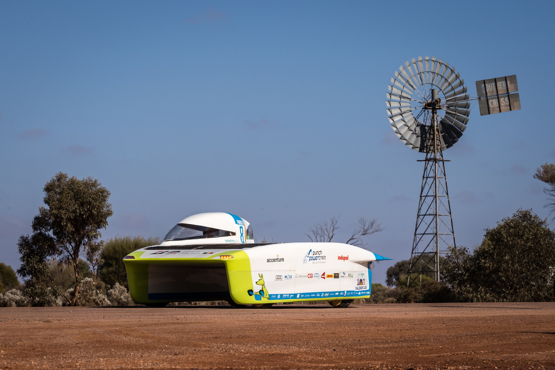 The Punch Powertrain Solar Team car from Belgium competes during the 5th race day of the 2017 World Solar Challenge in Glendambo, Australia on Thursday Oct. 12, 2017. Dutch Nuon Solar team won the challenge, the University of Michigan placed second and the Belgian team finished third. Photo - Punch Powertrain Solar Team / Geert Vanden Wijngaert