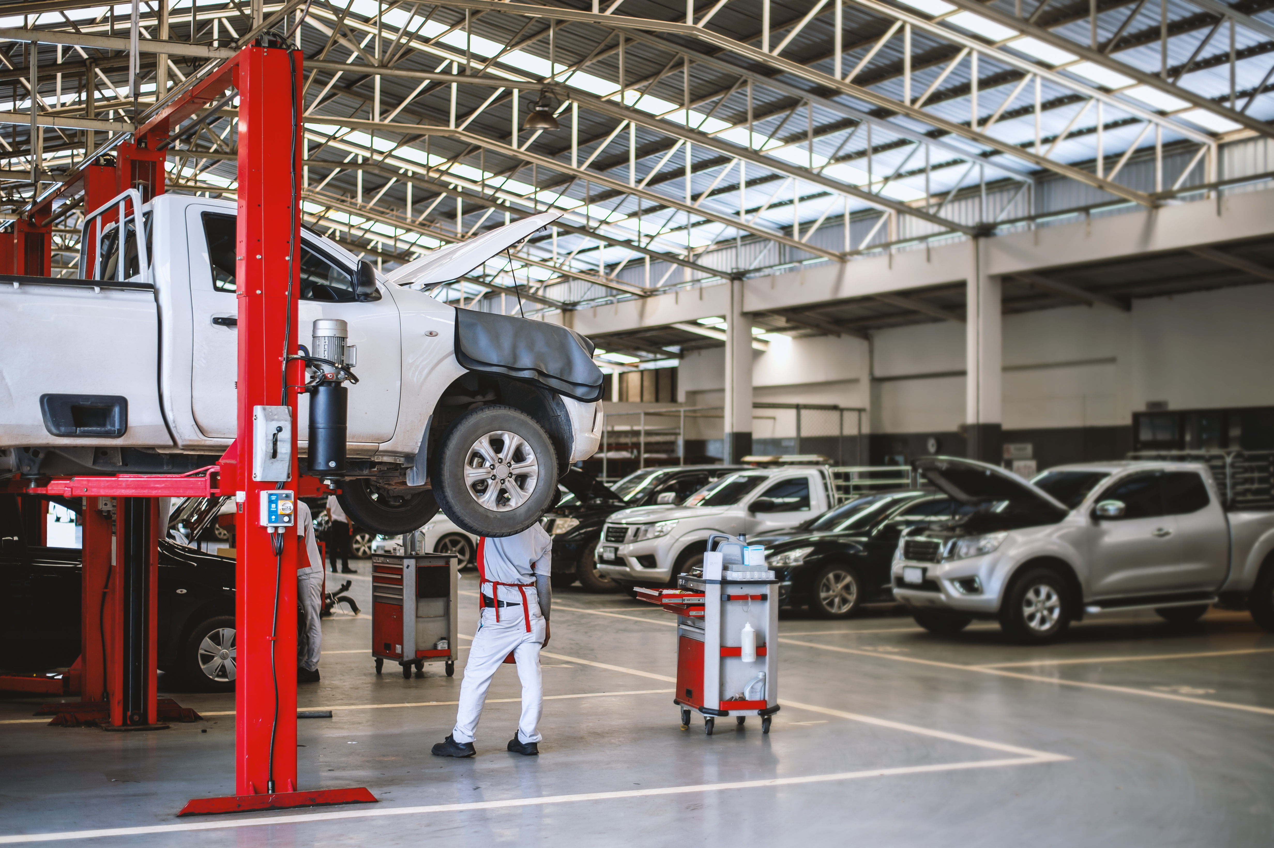 car repair station with soft-focus and over light in the background