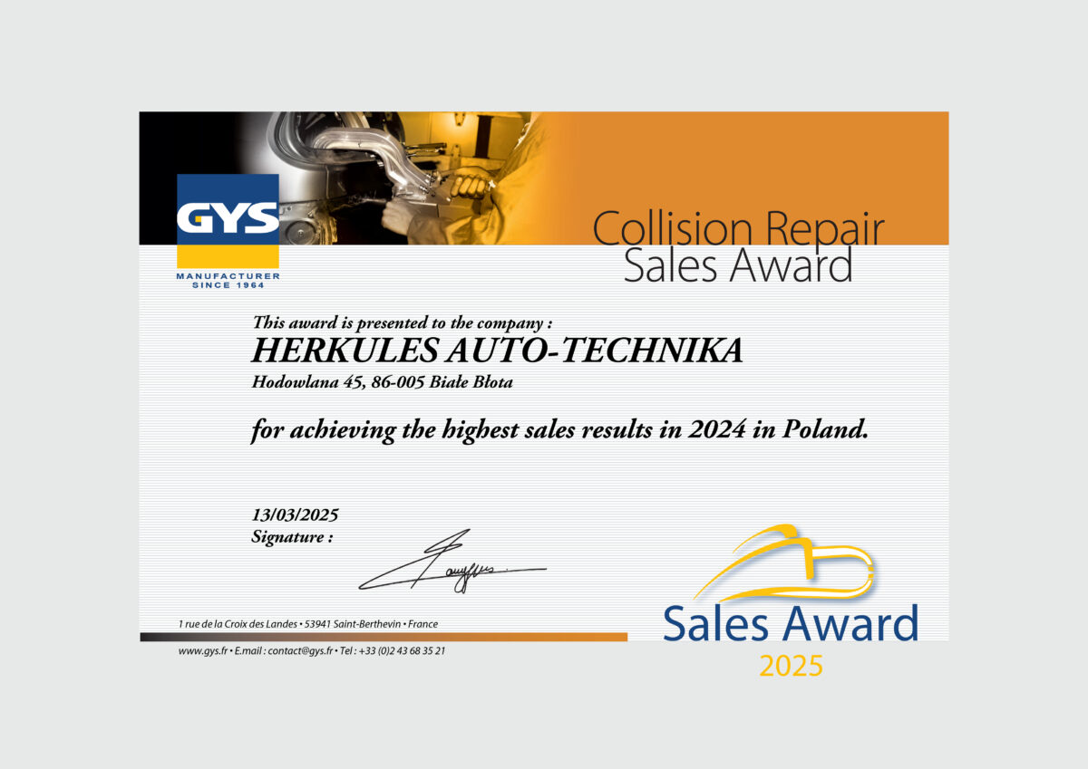 Herkules Auto-Technika ponownie liderem sprzedaży urządzeń GYS w Polsce Herkules Auto-Technika ponownie liderem sprzedaży urządzeń GYS w Polsce